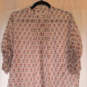 Mandarin collar, pink and green flower print. Worn one time.